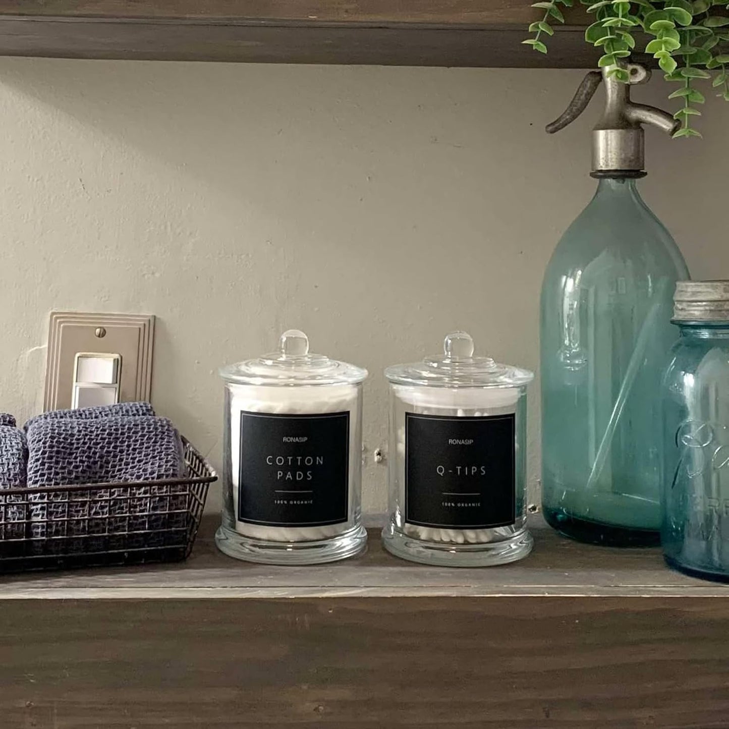 Qtip Holder & Cotton Pad Dispenser, Bathroom Organizer and Storage Canisters, 16oz Glass Apothecary Jars for Kitchen, Restroom - Home Decor, Room Decor Aesthetic (2 Pack, Transparent)