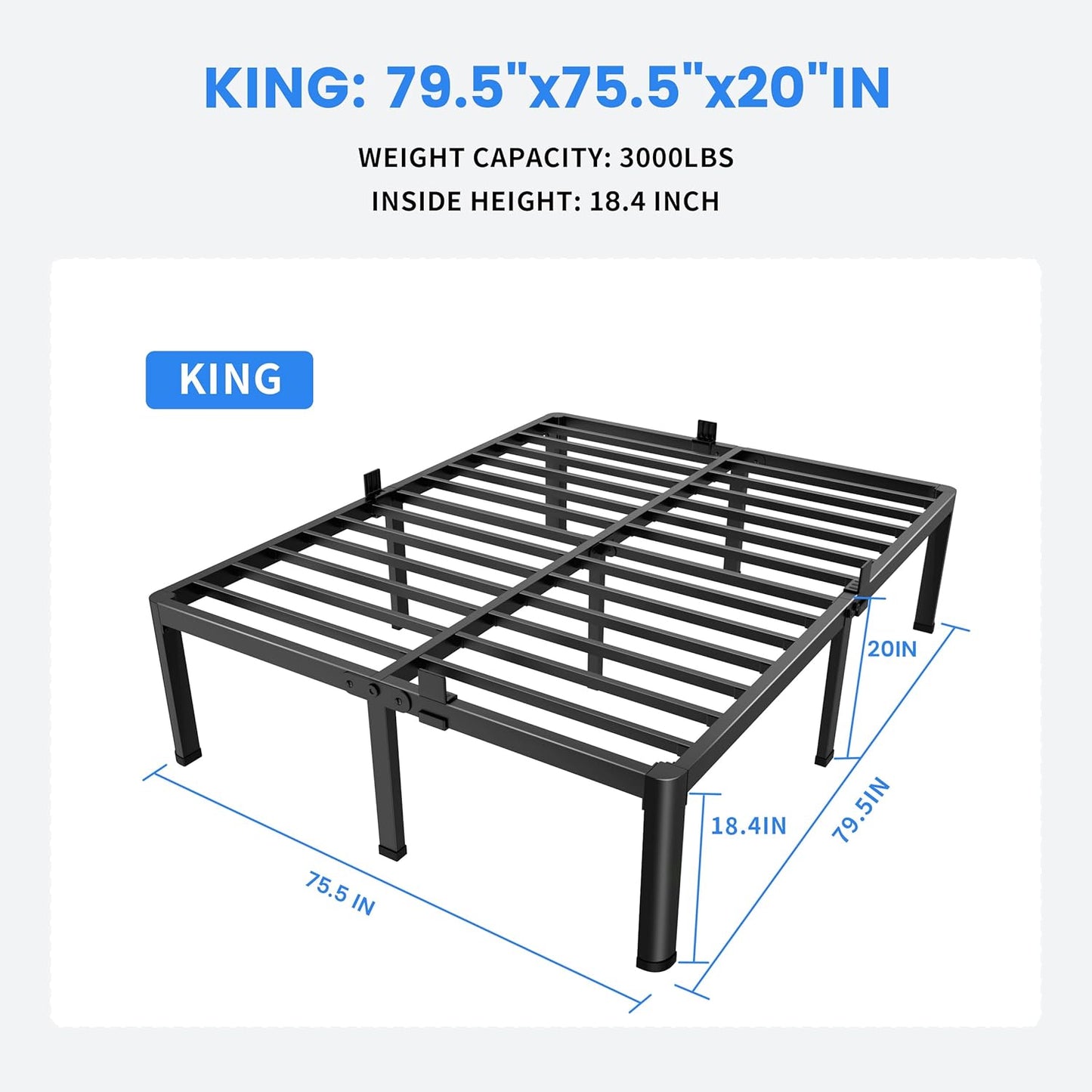 MAF 20 Inch King Size Bed Frame with Round Corner Legs Mattress Slide Stopper No Box Spring Needed Heavy Duty Metal Platform Bed Frames Under-Bed Storage Space, 3000 LBS Steel Slats Support