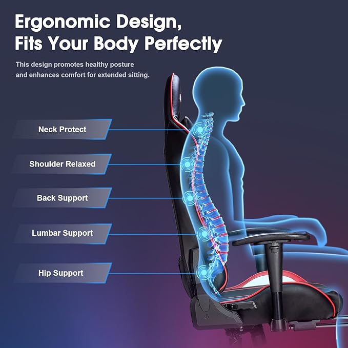 Douxlife 7-Point Massage Gaming Chair, 175° Gaming Recliner with Footrest Ergonomic Computer Office Chair High Back Video Game Chair with Lumbar Support, Upgraded Version, Red