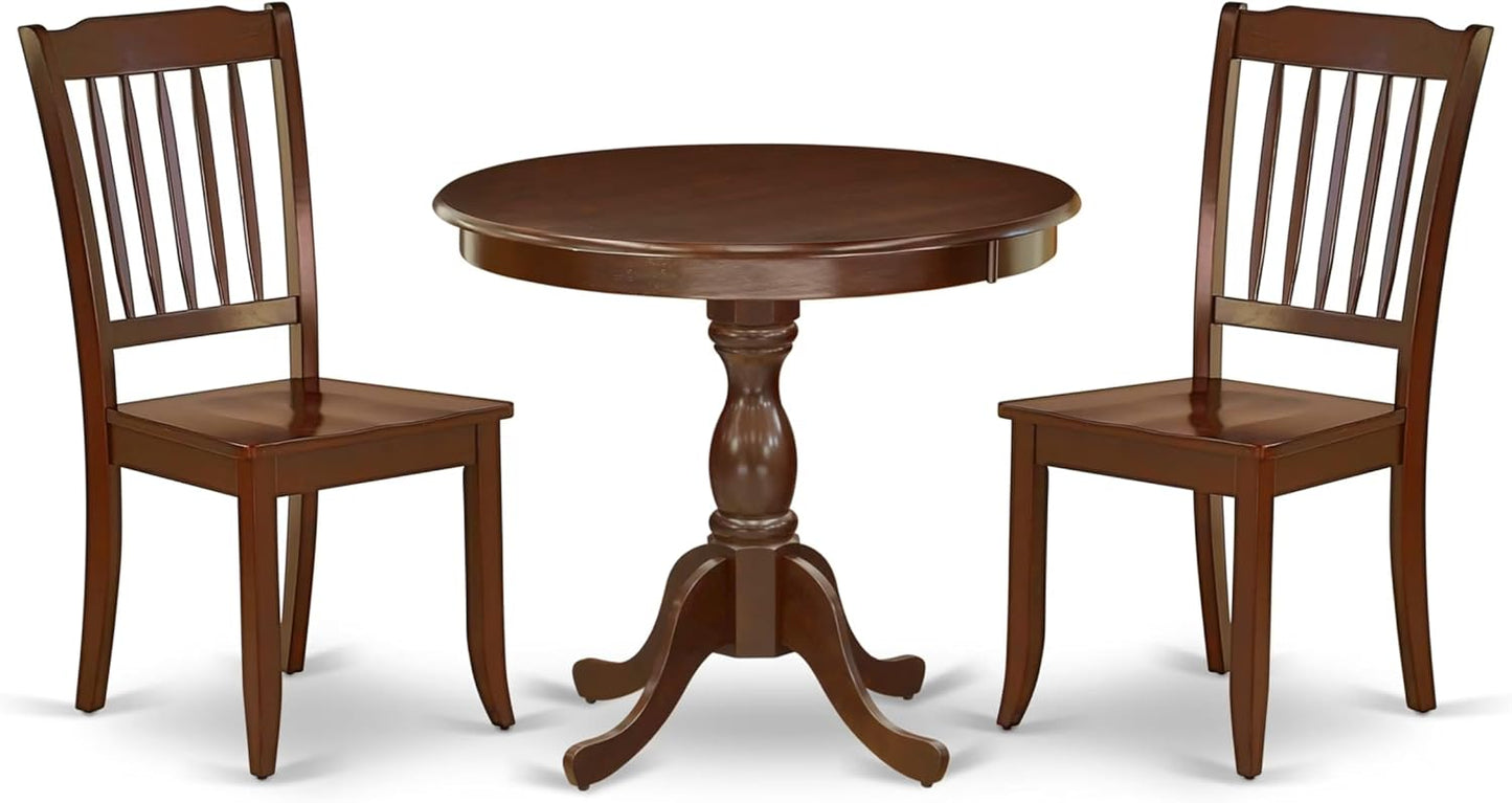 East West Furniture AMDA3-MAH-W 3 Piece Dining Table Set for Small Spaces Contains a Round Kitchen Table with Pedestal and 2 Dining Chairs, 36x36 Inch, Mahogany