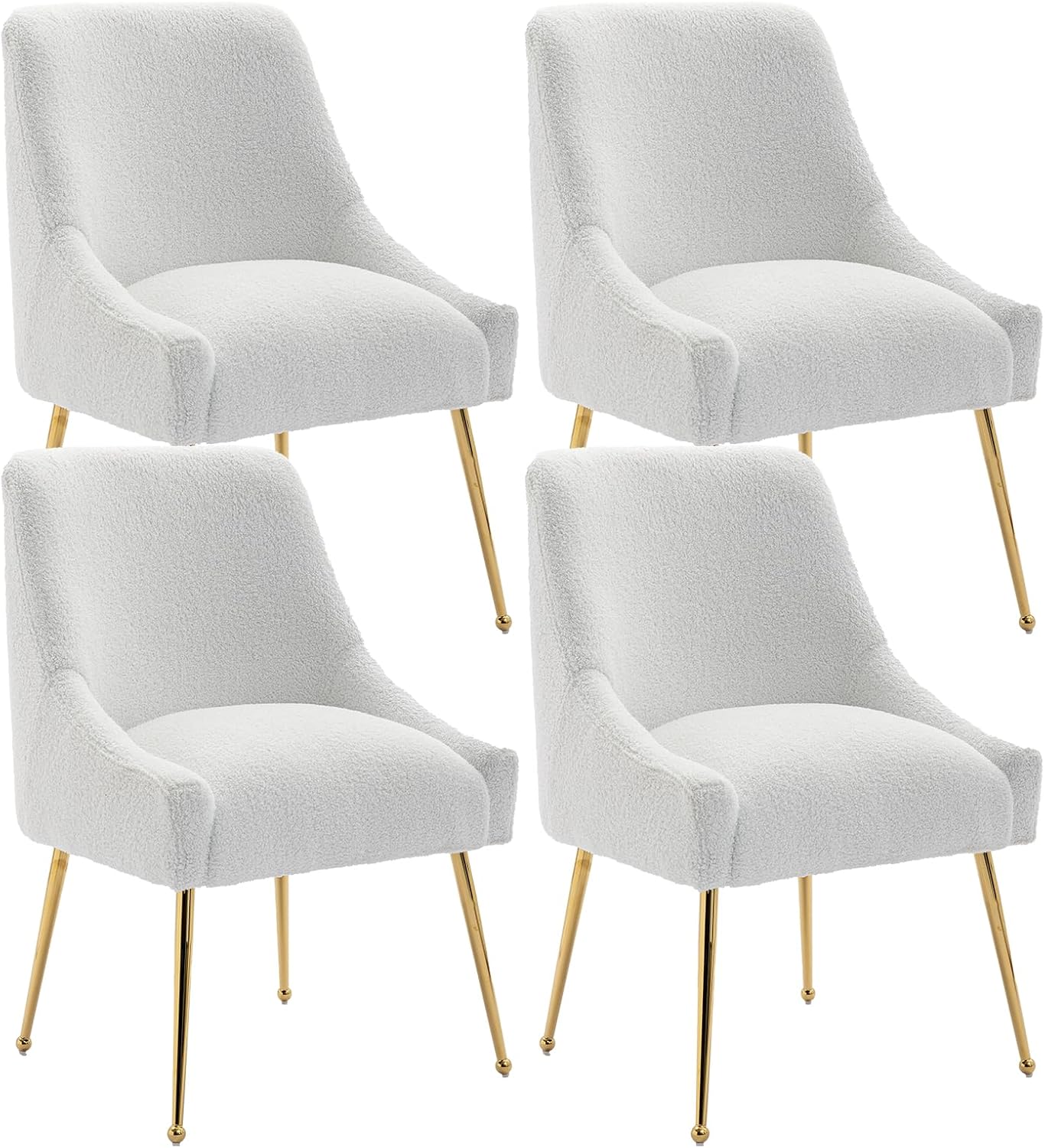 Dining Chairs Medieval Modern Restaurant Chairs, Soft Cushions, Teddy Velvet, Polished Gold Metal Legs, Kitchen Chairs, Living Room White 4-Piece Set