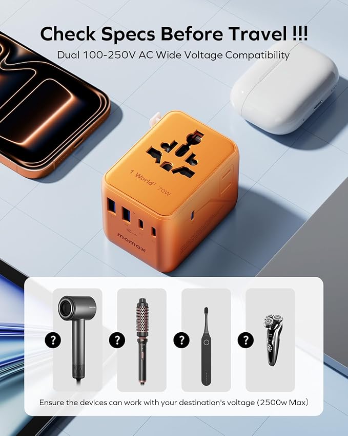 MOMAX Mini 7-in-1 Universal Travel Adapter, GaN 70W Dual AC, 3 USB-C PD & 2 USB-A QC, International Power Charger for 200+ Countries – Compact Travel Adapter for Laptop, Phone, UK/AUS/EU/JP Plug