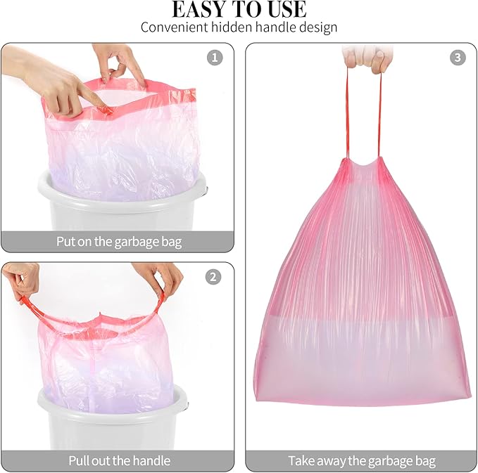 3Rolls Drawstring Small Trash Bags,4 Gallon Thicken Drawstring Small Garbage Bags for Kitchen,Bathroom,Bedroom,Home,Office Trash Cans，60 Counts (Pink)