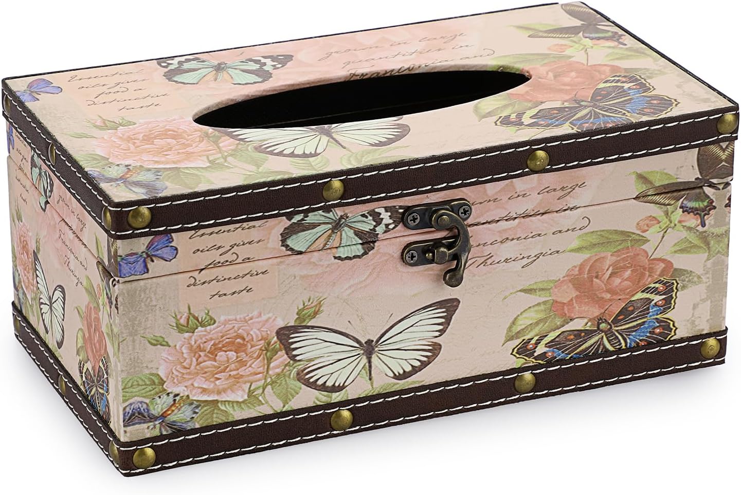 Sumnacon Tissue Box Cover Rectangle Tissue Box with Lid,Wood Tissue Box Holder with PU Cover and Vintage Pattern,Retro Tissue Cover for Bathroom Toilet Living Room Table Desk Office Car Decor, Pink
