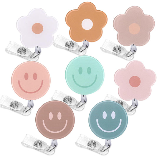 Whaline 8Pcs Light Boho Flower and Smile Acrylic Retractable Badge Holder with Clip Colorful Round ID Badge Reel Name Tag for Office Hospital Nurse Doctor Teacher Favor