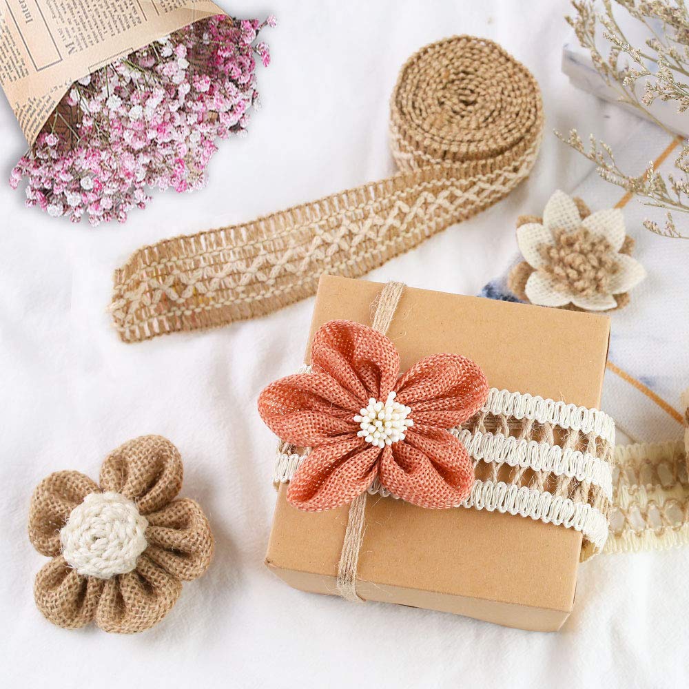 VGOODALL 16 PCS Natural Burlap Flowers Set, Including 12 PCS Handmade Lace Burlap Flowers and Bowknots, 4 Rolls Burlap Ribbon for Christmas Birthday Party Wedding Home Embellishment DIY Crafts