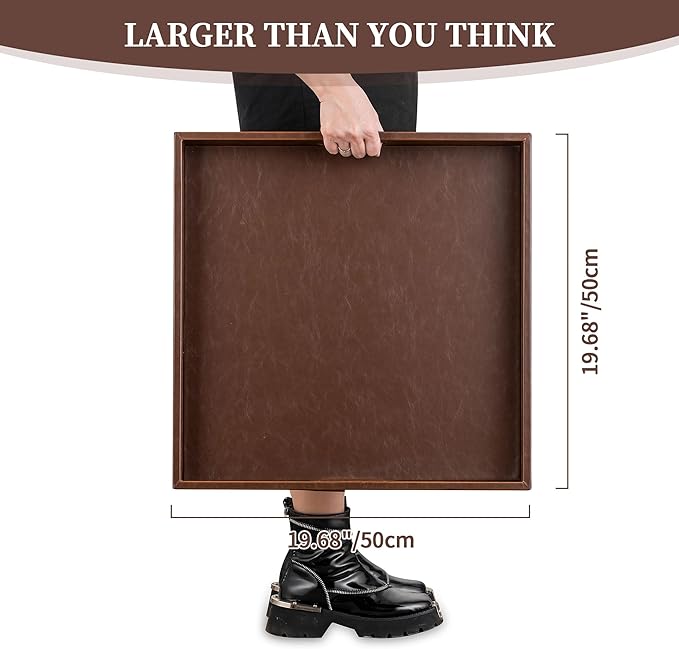 Hanobe Ottoman Serving Tray Large: 20'' Decorative Trays with Handles - Leather Coffee Table Decor for Extra Big Counter Home Living Room - Oversized