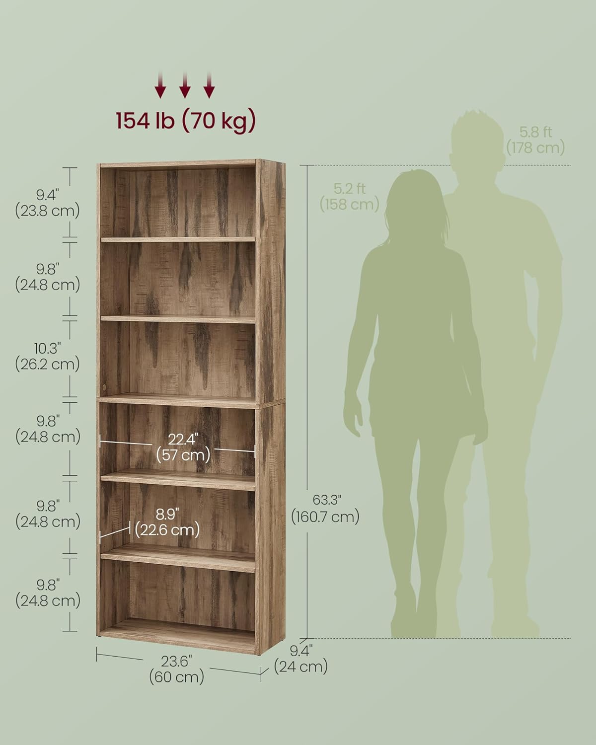 VASAGLE Custos Collection - Bookshelf, 6-Tier Bookcase, Book Shelf, Open Storage Shelf, 9.4 x 23.6 x 63.3 Inches, for Living Room, Home Office, Dinning Room, Camel Brown ULBC166T50