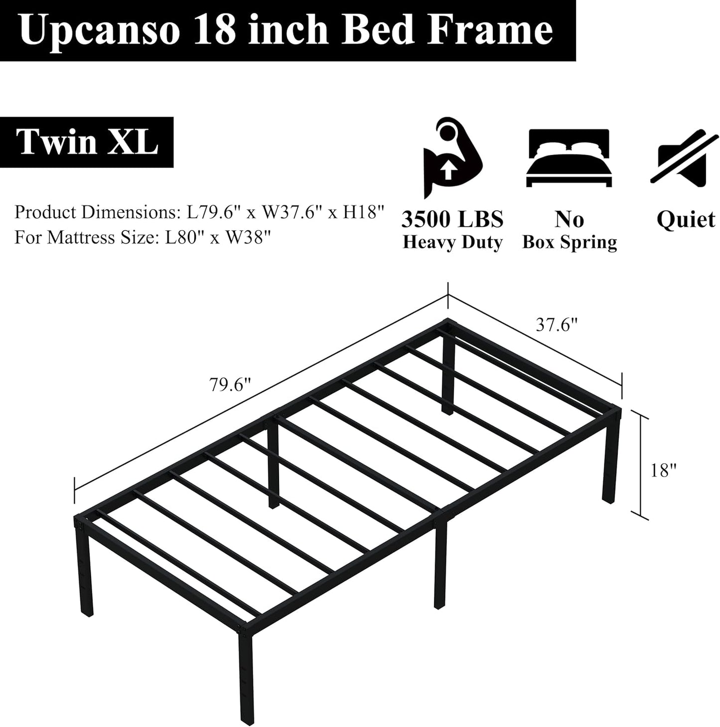 18 Inch Twin XL Bed Frames, Metal Platform Twin XL Bed Frame with High Storage, Eassy Assembly 2,500 Lbs Heavy Duty Bedframes, Black