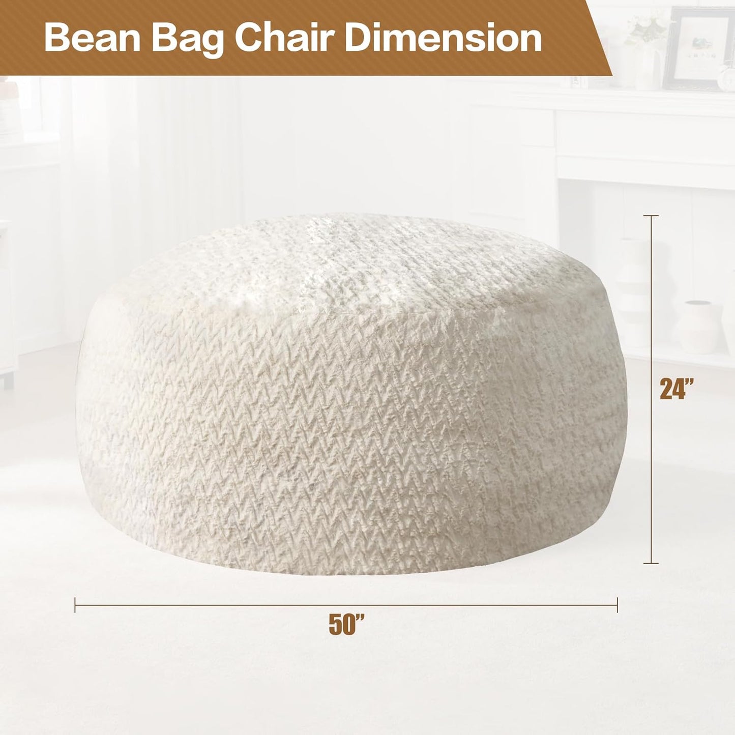 Hobestluk 5ft Bean Bag Chairs for Adults Large Beanbag Chair with Chevron Plush Fur Cover Big Bean Bag Chair for Living Room Bedroom Dorm Office - White (50” x 50” x 24”)