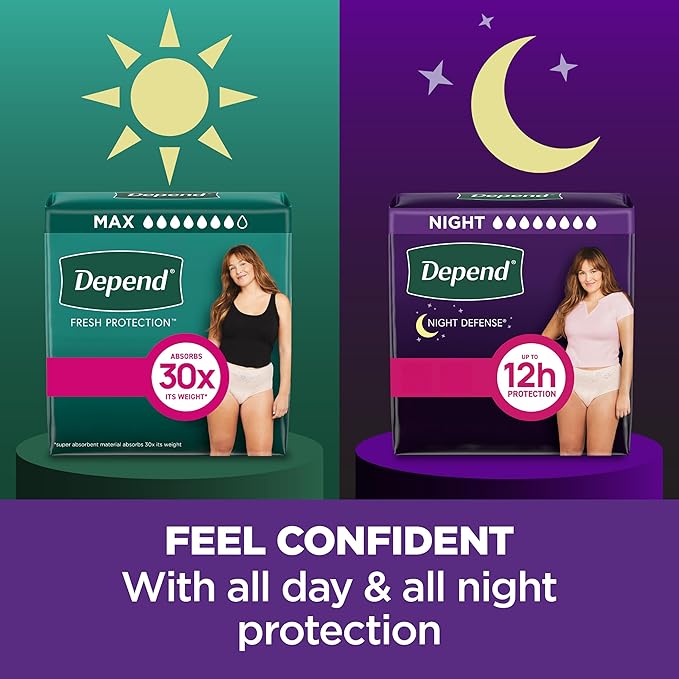 Depend Night Defense Adult Diapers, Incontinence & Postpartum Bladder Leak Underwear for Women, Disposable, Overnight, Medium, Blush, 24 Count, Packaging May Vary