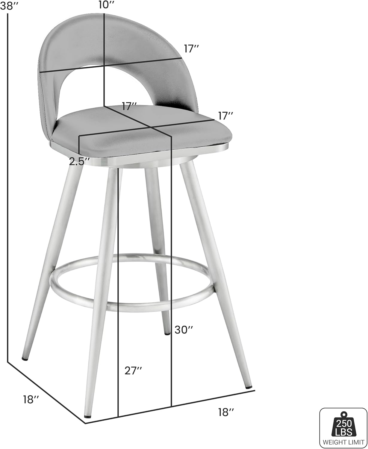 Armen Living Charlotte Swivel Bar Stool in Brushed Stainless Steel with White Faux Leather