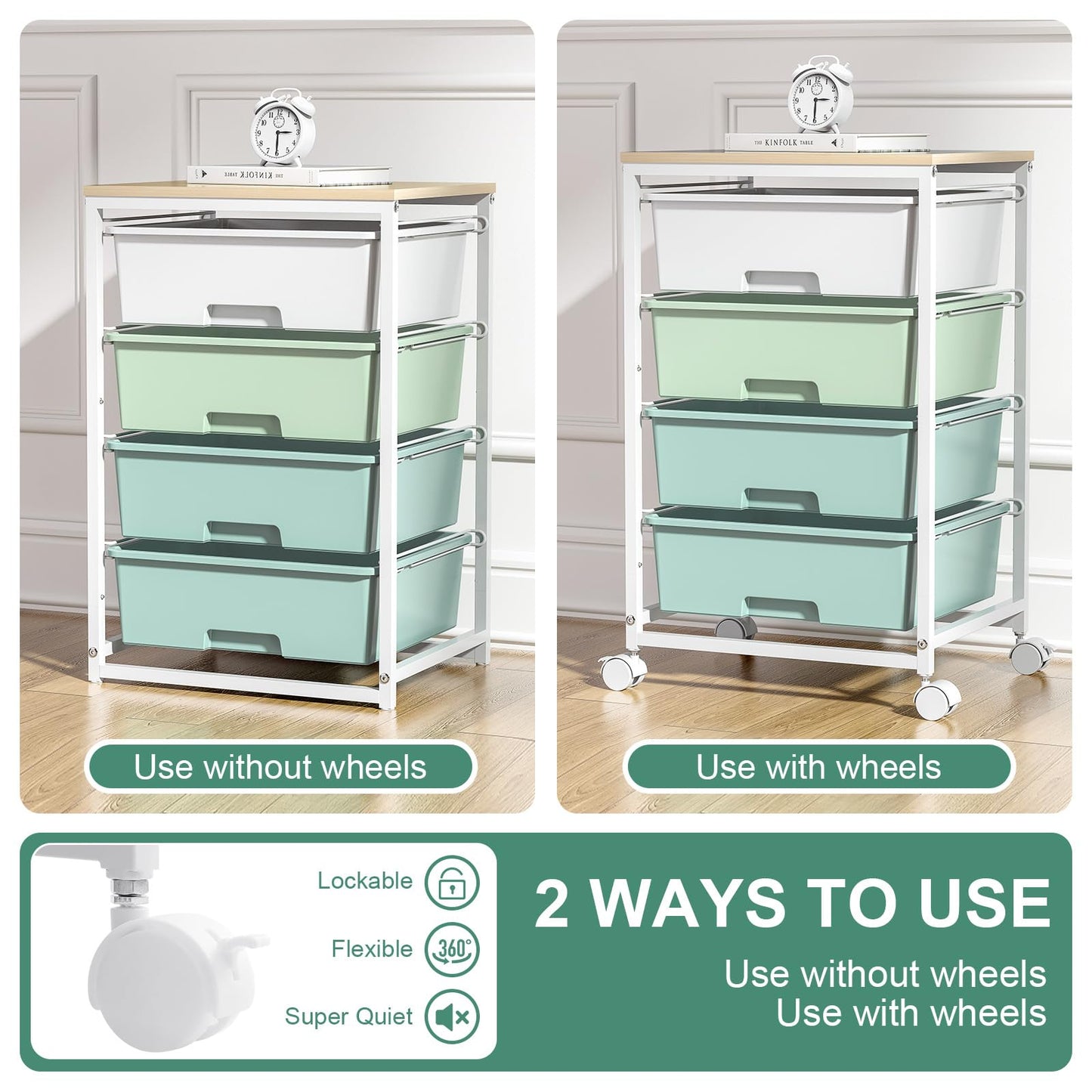 SYKIARIOL Utility Cart with 4 Drawers,Rolling Storage Cart with Drawers,Storage Rolling Drawer Cart with Wooden Tabletop for Bedroom,Kid's Room,Dorm,Classroom,Office,Green