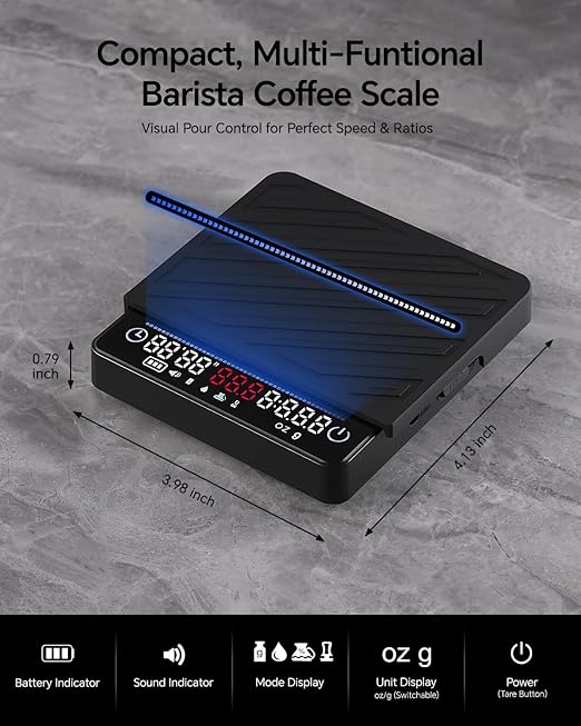 Espresso Coffee Scale with Timer and Flow Rate - MUVNA 2kg/0.1g Precision Rechargeable for Pour Over, Coffee Bean Weight, Mini Portable LED Display 4 Smart Mode, Black