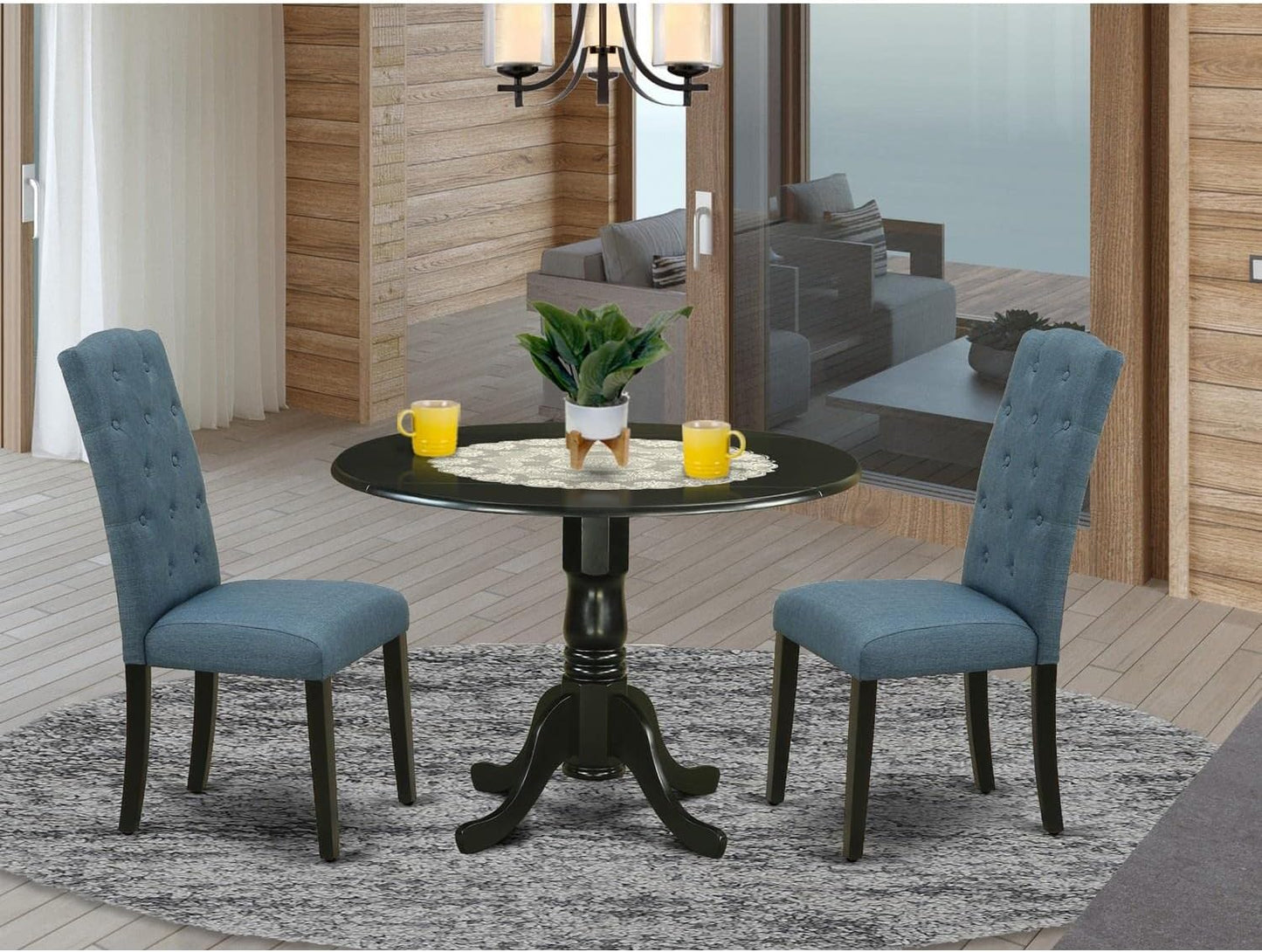 East West Furniture DLCE3-BLK-21 3 Piece Dining Table Set Contains a Round Dining Room Table with Dropleaf and 2 Mineral Blue Linen Fabric Upholstered Chairs, 42x42 Inch, Black