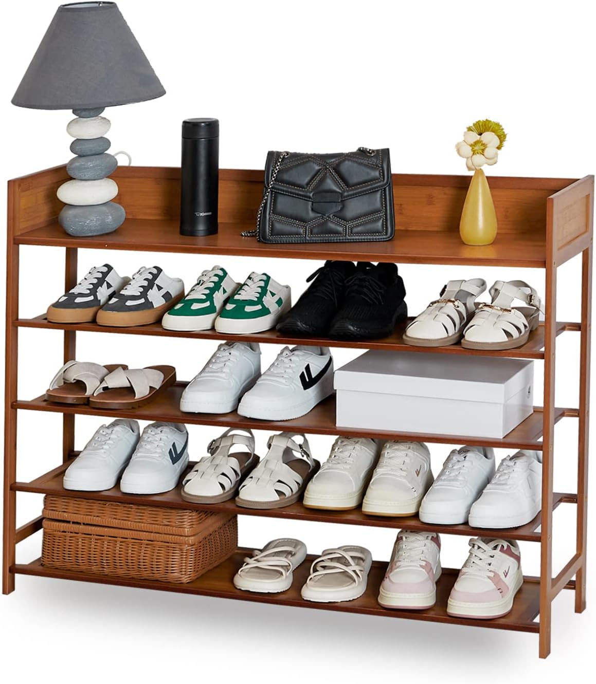 Bamboo Shoe Rack Organizer, 5 Tier Shoe Shelf Storage Organizer, for Entryway, Hallway, and Closet (Brown-39)