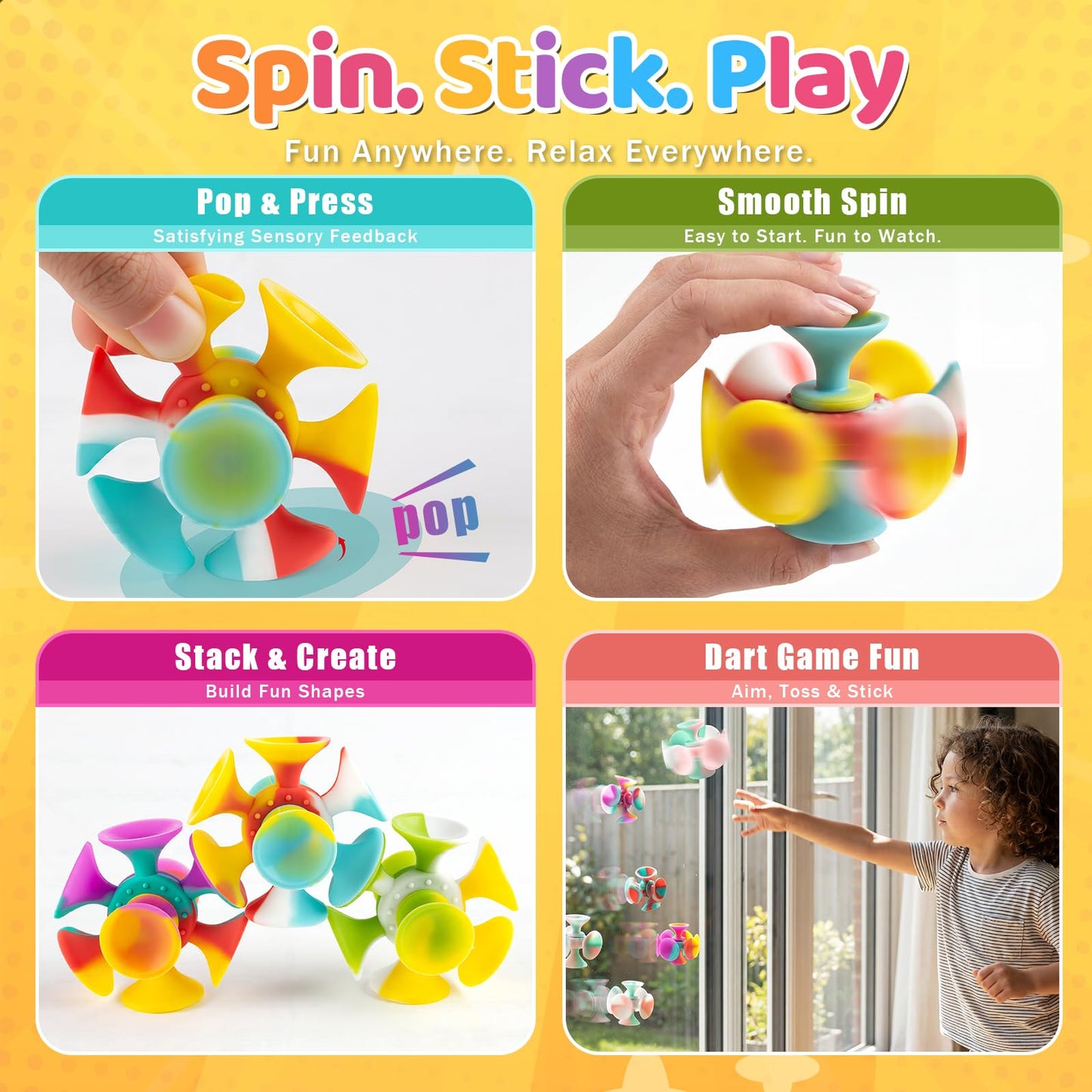 Kiditos Suction Cup Spinner Toys, 4 Pack Sensory Fidget Toys for Toddlers, Kids & Adults, Screen-Free Stick and Spin Toy for Window, Table, Bathtub, Car Rides, Travel, Office Desk, Party Play