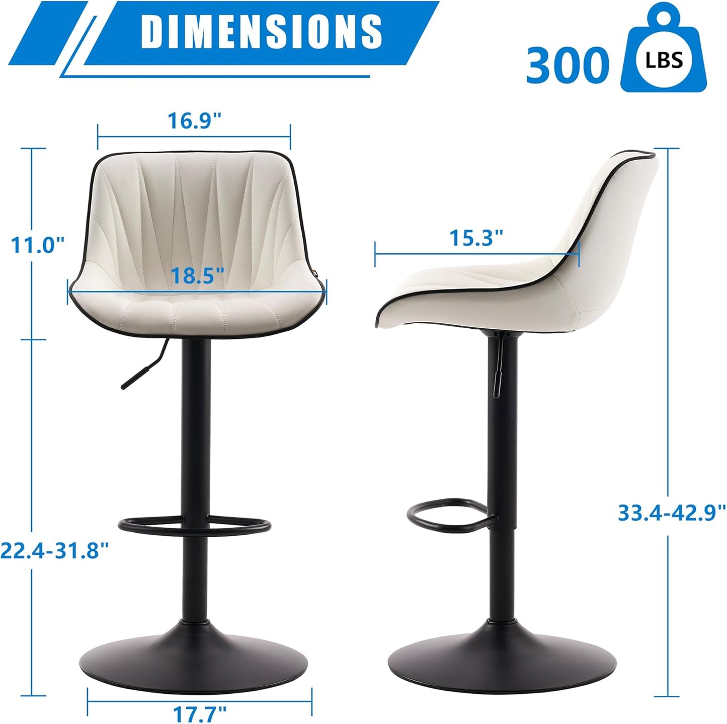 YOUNIKE Bar Stools Set of 2 for Kitchen Island, White Faux Leather Padded Bar Stools, Adjustable Barstools with Back, Modern Tall Bar Stools with 300LBS Support, Counter Height Swivel Bar Chairs