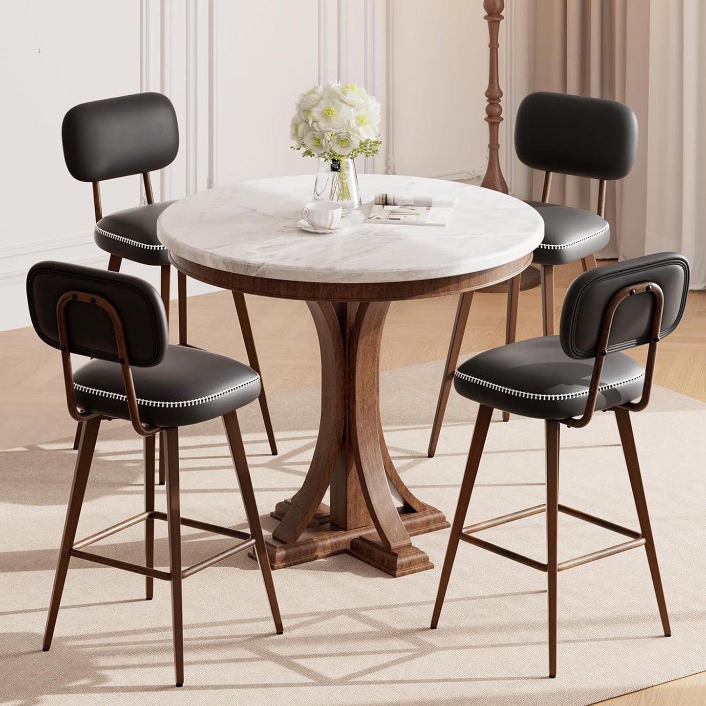 Swivel Bar Stools Set of 4, Mid Century PU Leather Counter Height Bar Chairs with Low Back and Metal Legs, Modern Bar Stool Chair for Kitchen Island, Black