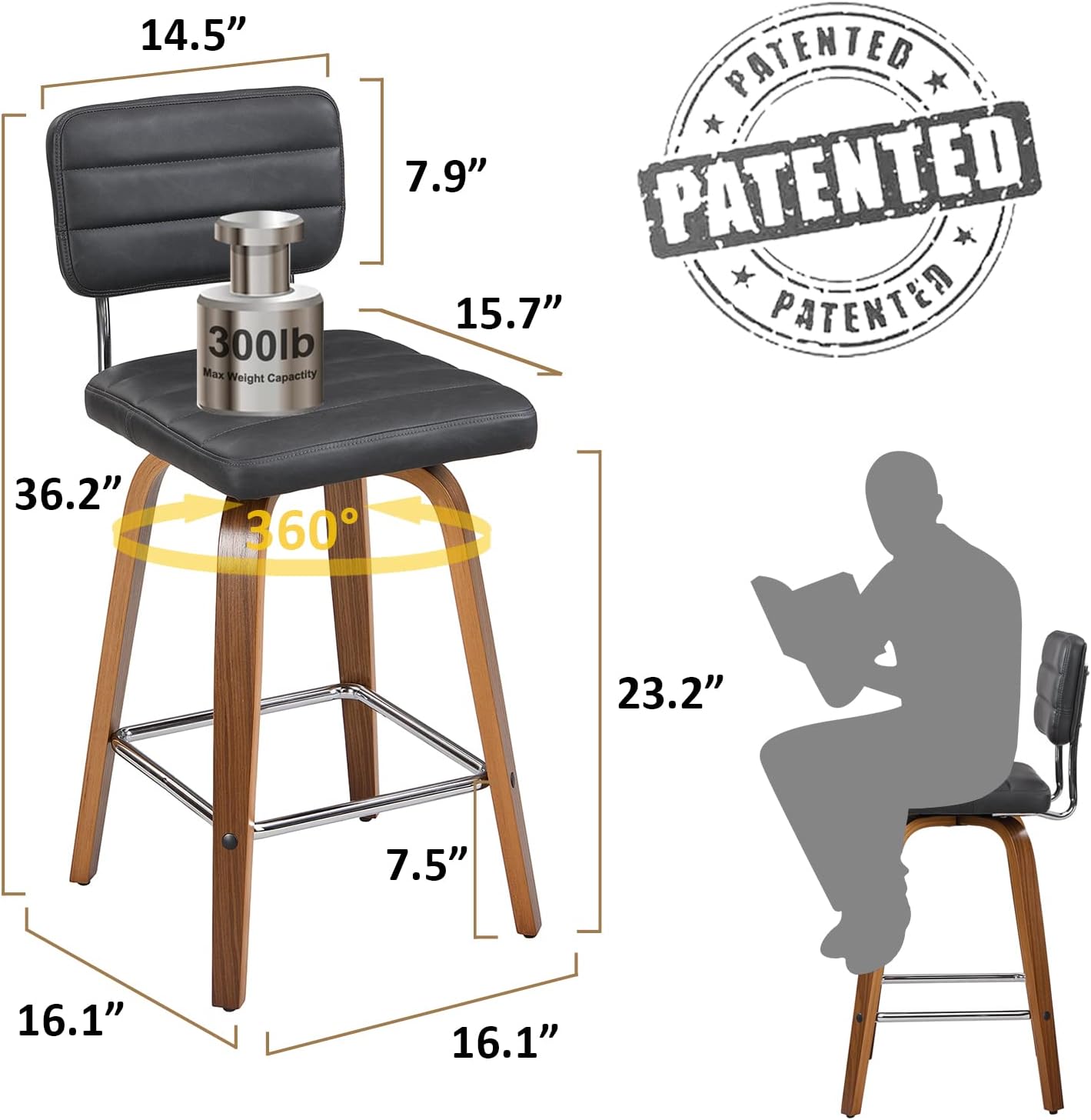 Counter Height Bar Stools Set of 2 Wood Swivel Bar Stools for Kitchen Island Modern Square Barstools with Leather Back Cushion Industrial Vintage Bar Chair Rustic Furniture for Home Pub 26 Inch Grey