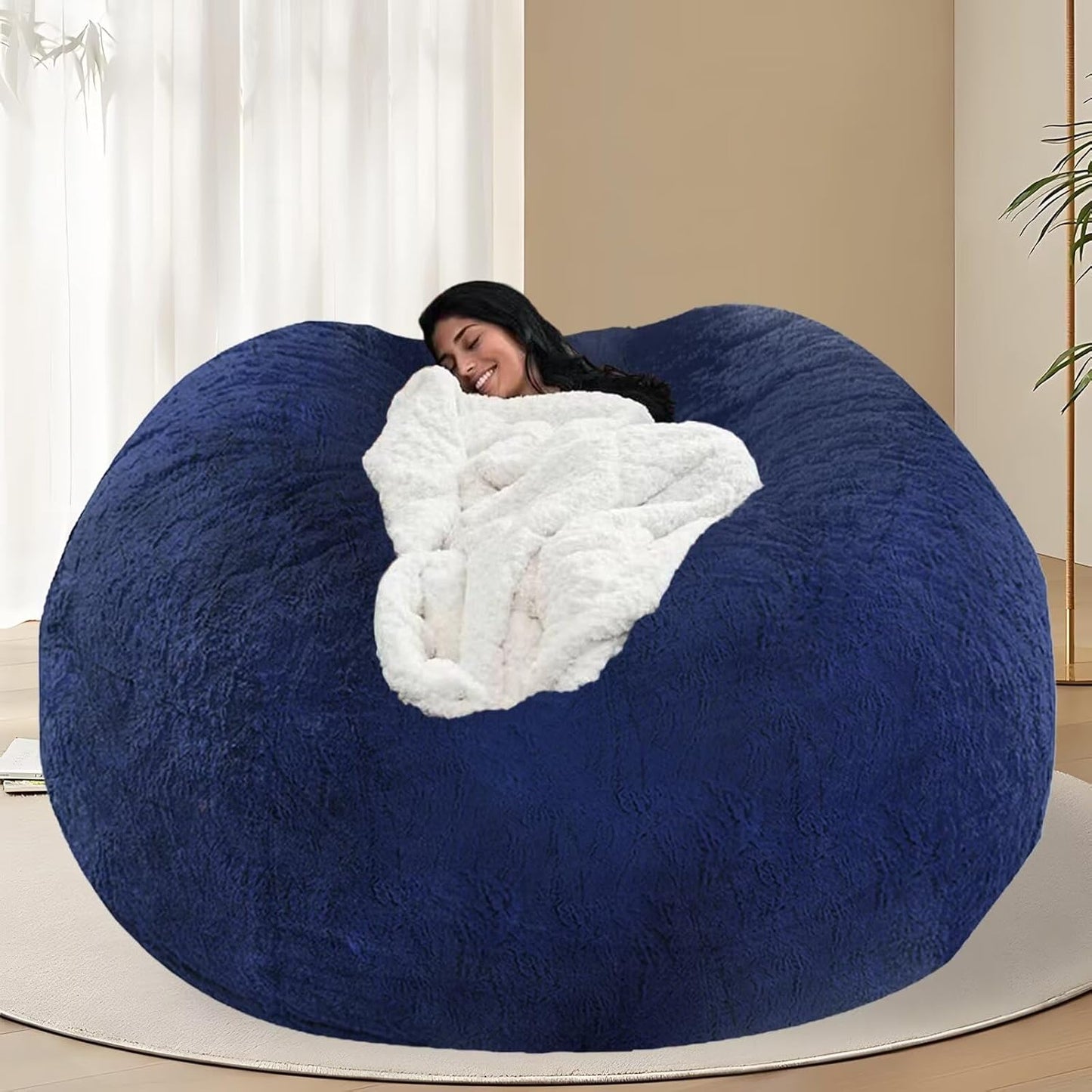 BCU 6FT Bean Bag Chair for Adults and Kids Without Filler Giant Stuffed Animal Storage Cover Soft Faux Fur Floor Chair Cover for Bedroom Living Room, Blue