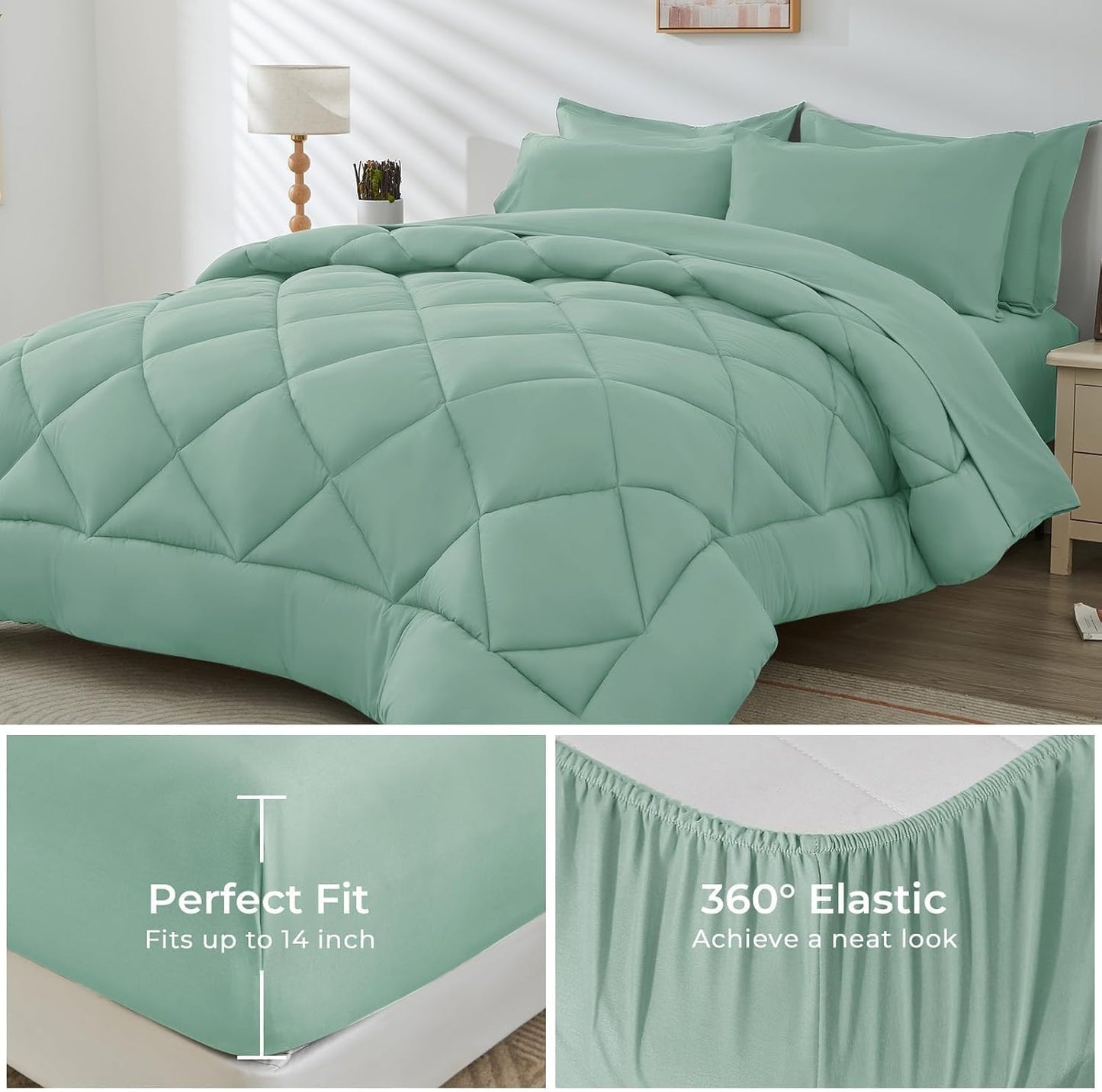 HEVUMYI Sage Green King Comforter Set - 7-Piece All Season Bed in a Bag King, Ultra Soft Bedding Set with Comforter, Flat Sheet, Fitted Sheet, Pillowcases, Pillow Shams, Sage Green
