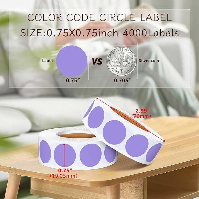 0.75 Inch 4Rolls of 4000 Colorful Dots Sealing Stickers,3/4"Round Permanent Adhesive Color Code Labels,Lavender Dots Stickers for Home Decorative, Storage Bins, Moving Containers & Organization