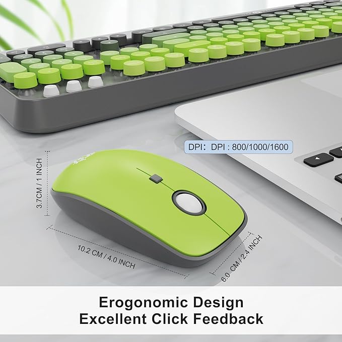 FOPETT Wireless Keyboard and Mouse Combo - 2.4G Full-Sized Cute Colorful Mouse and Keyboard with 104 Round Keys Retro Typewriter Keyboard for Laptop/Windows/PC - Grey Green