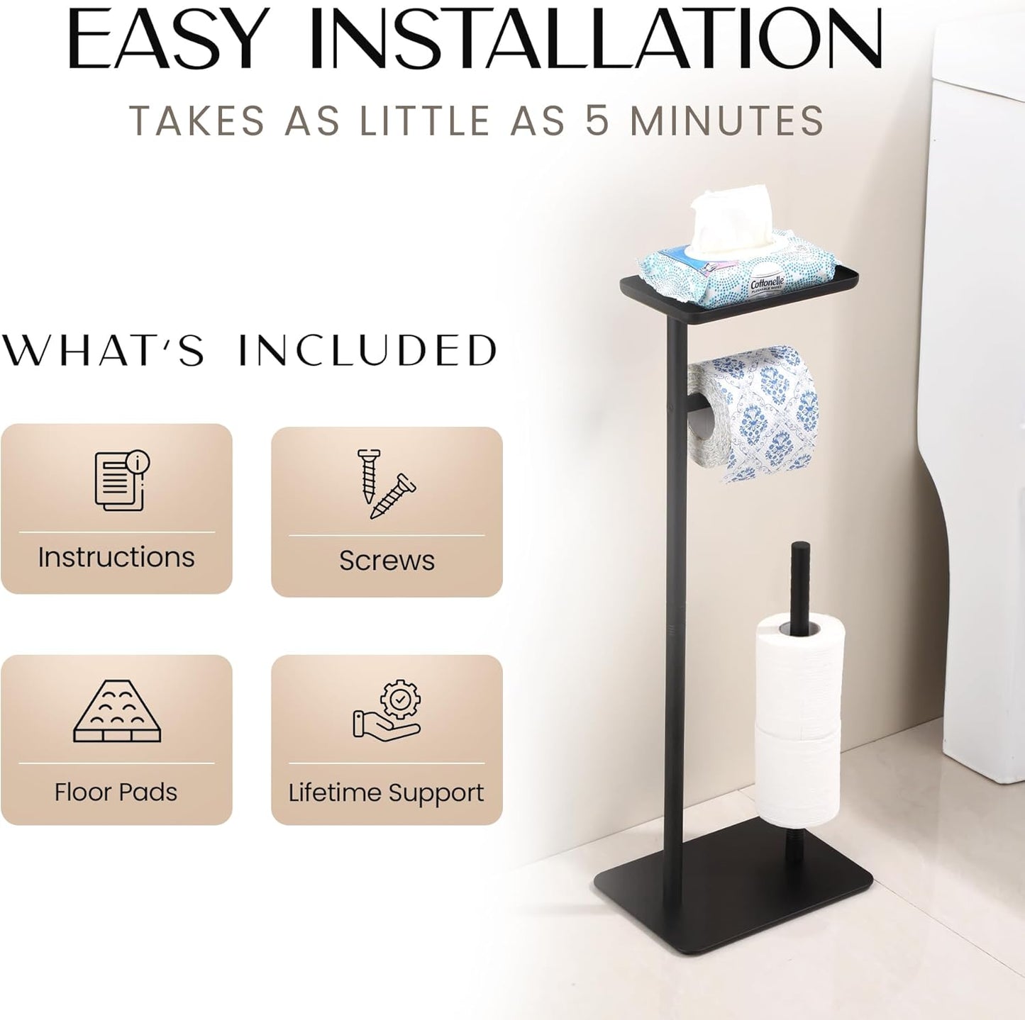 Day Moon™ Matte Black Toilet Paper Holder Free Standing Toilet Paper Holder with Storage - Toilet Paper Stand and Tissue Holder for Bathroom - Toilet Paper Holder with Shelf and Wipe Holder
