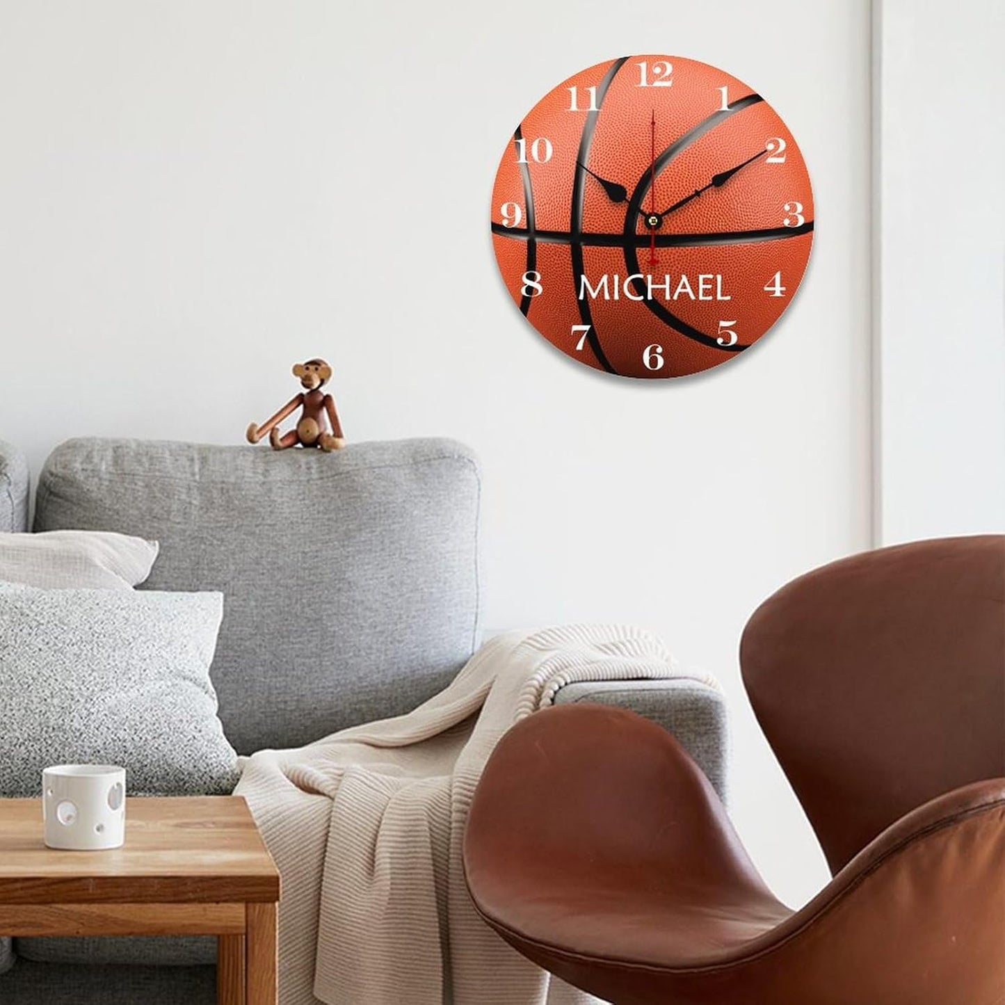 12 inch Personalized Basketball with Name Wall Clocks Battery Operated for Kids Bedrooms Nursery School Playroom Decor,Custom Kids Name Wall Clock,Sports Wood Round Clock Silent, Style-3