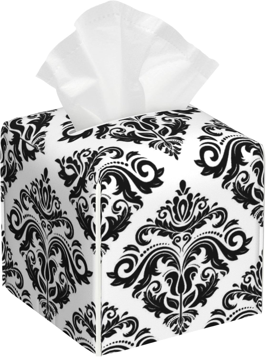 Vintage Damask Floral Tissue Box Cover Square,Leather Tissue Holder,Waterproof Leather Facial Paper Organizer Tissue Box Cover for Home Office Bathroom Vanity Countertop,5.2" x 5.2" x 5.2"