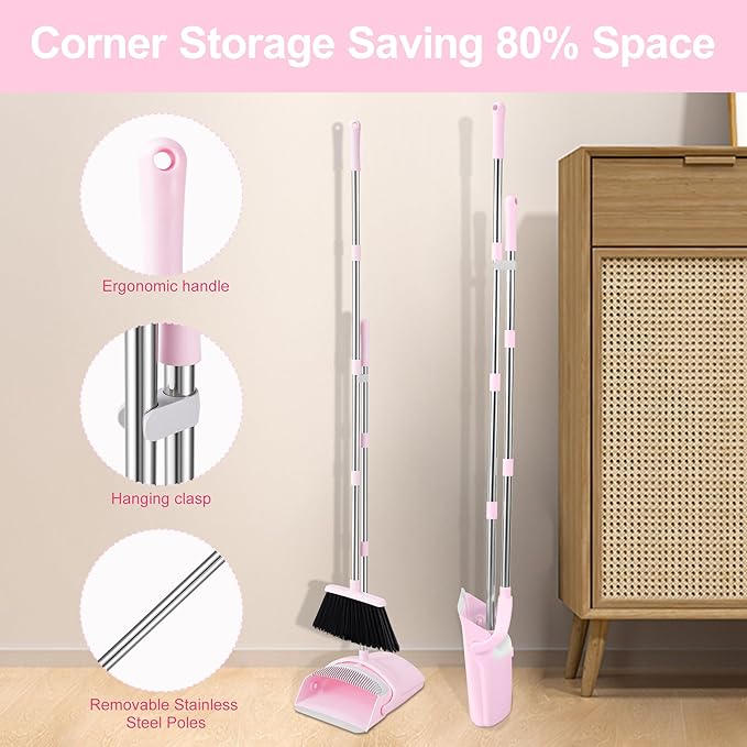 Broom and Dustpan Set, Broom with Dustpan Combo Set for Home 54-in Long Adjustable Handle Dustpan Teeth to Clean Hair for Home Office Kitchen Lobby