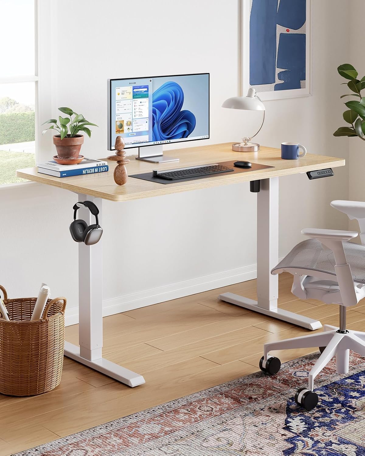 HUANUO 55" x 24" Electric Standing Desk Adjustable Height, 4 Memory Height Settings, Headphone Hook, Cable Manager, Sit Stand Up Desk for Home Office & Computer Workstation, Natural