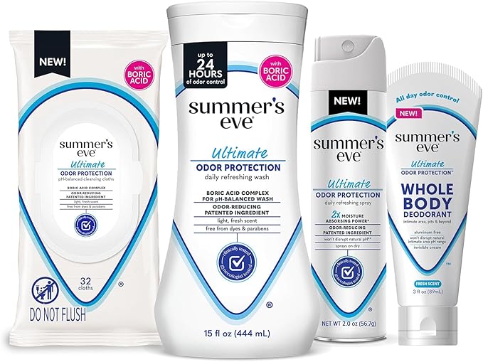 Summer's Eve Ultimate Odor Protection Bundle; 15oz Cleansing Wash, 32ct Feminine Wipes, 2oz Deodorant Spray, 3oz Whole Body Deodorant