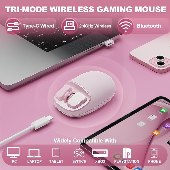 YUNZll C1 Silicone Wireless Mouse, Tri-Mode 2.4G/USB-C/Bluetooth Mouse, 4800 DPl Optical Tracking, 6 Adjustment Levels,Customize Mice for Laptop, Computer, iPad, MacBook (Pink)