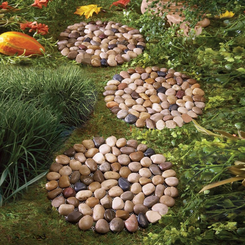 Natural Pebble Stepping Stones for Garden & Outdoor Walkways - 9 Inch Round Therapeutic Massage Stones, 6pcs Non-Slip Acupressure Floor Mats, Polished River Rock Decorative Stone Path