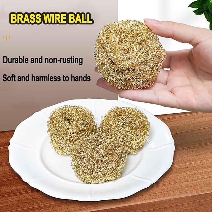 6PCS Brass Kitchen Cleaner, Scrubbing Scour Copper Scrubber Non Scratch Dishes Scrubber Kitchen Steel Wool Easy Scouring Scrubbing Brush Pot Pan Oven Washing Ball Golden Copper Scrubber