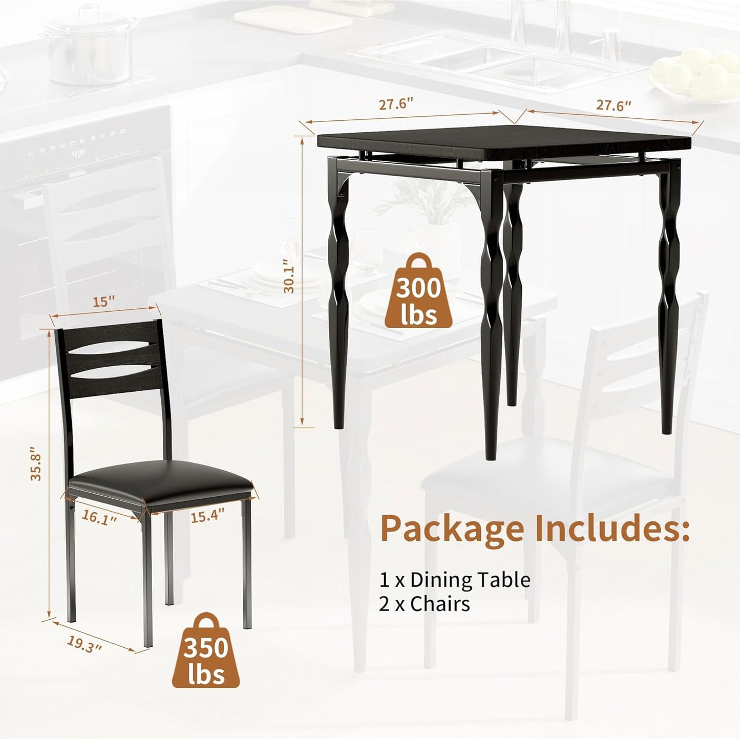 GarveeHome Dining Table Set for 2, Dining Table and Chairs Set of 2, 3 Piece Dining Table Set with Spiral Table Legs for Small Spaces, Kitchen, Apartment, Black