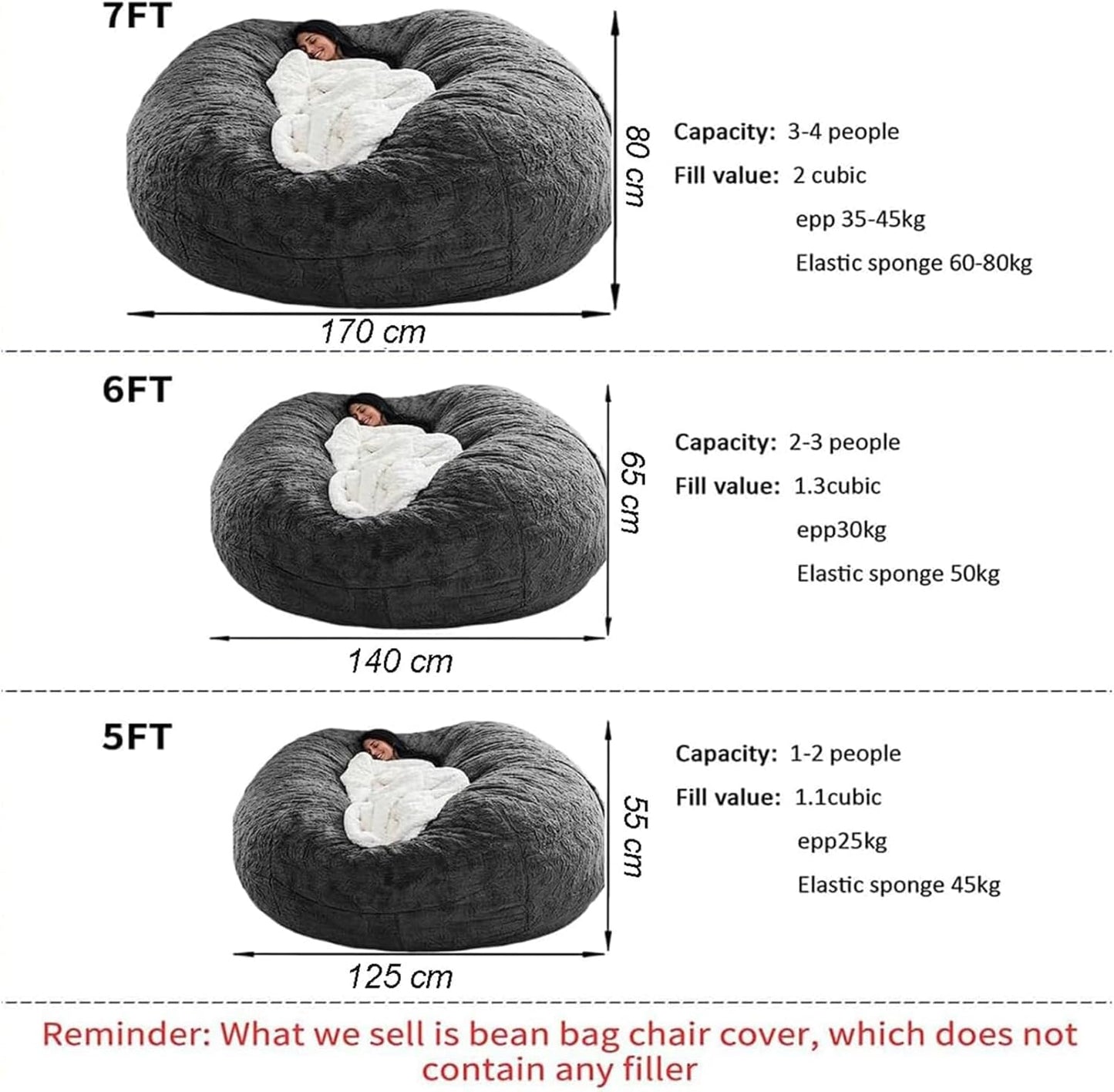 BCU 6FT Bean Bag Chair for Adults and Kids Without Filler Giant Stuffed Animal Storage Cover Soft Faux Fur Floor Chair Cover for Bedroom Living Room, Multicolored
