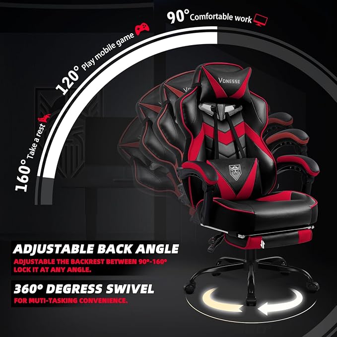 Vonesse Gaming Chair, High Back Gaming Chair with Footrest and Massage, Gaming Chairs for Adults with Pocket Spring Cushion, Big and Tall Reclining Computer Chair with Lumbar Support (Red/Black)