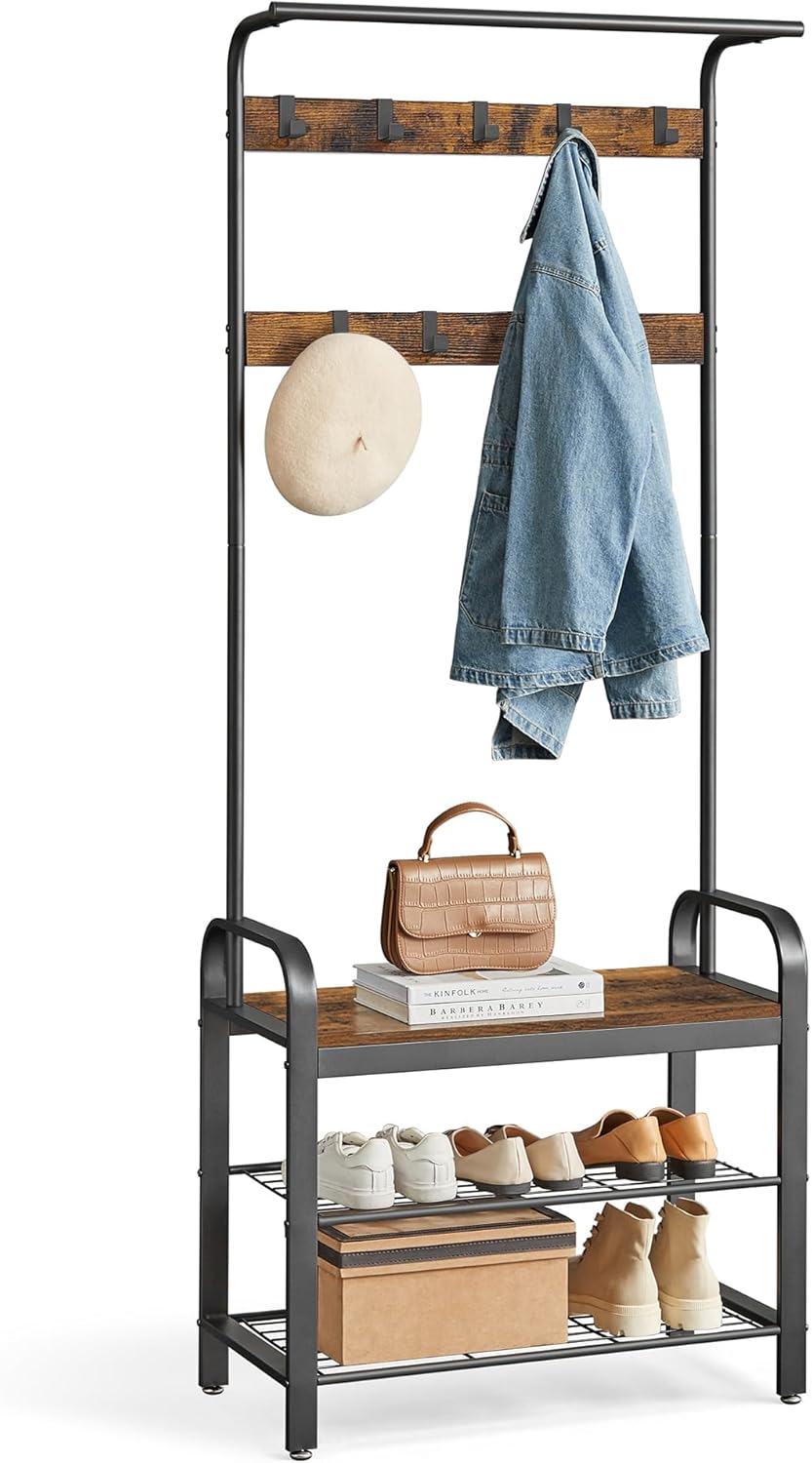 VASAGLE 6-Tier Bookshelf, Tall Display Shelf, Freestanding Storage Shelf, Rustic Brown ULBC61BX Coat Rack, Hall Tree with Shoe Bench for Entryway, Rustic Brown and Black UHSR40B