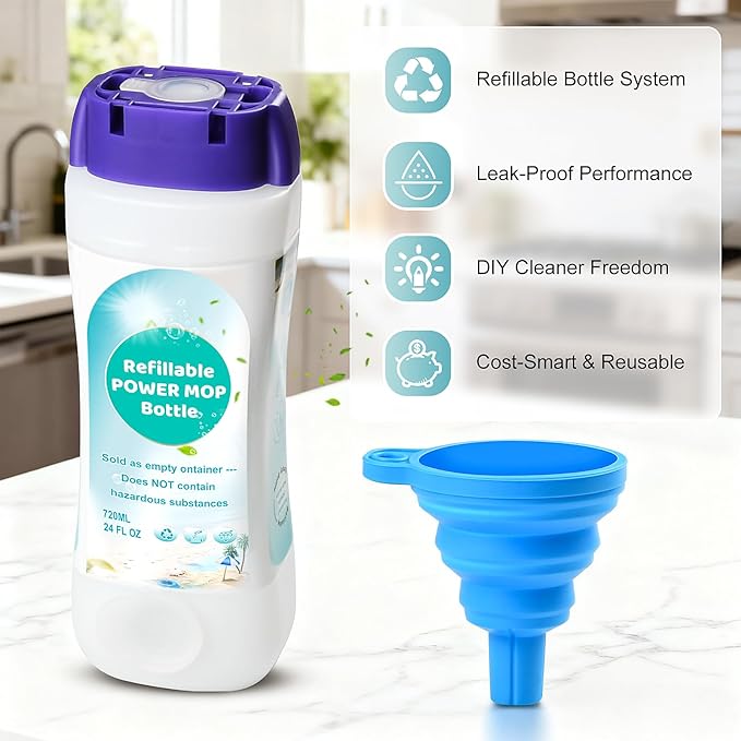 Refillable Bottle for Swiffer Power Mop – 720ML / 24 FL.OZ Leak-Proof HDPE Cleaner Solution Refill Bottle with 7 Silicone Gaskets & 1 Funnel, Easy Install for Use with Any Cleaning Solution