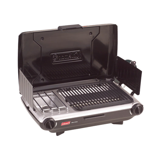 Coleman Tabletop 2-in-1 Camping Grill/Stove, 2-Burner Propane Grill & Stove with Adjustable Burners & 20,000 BTUs of Power, Great for Camping, Tailgating, Grilling
