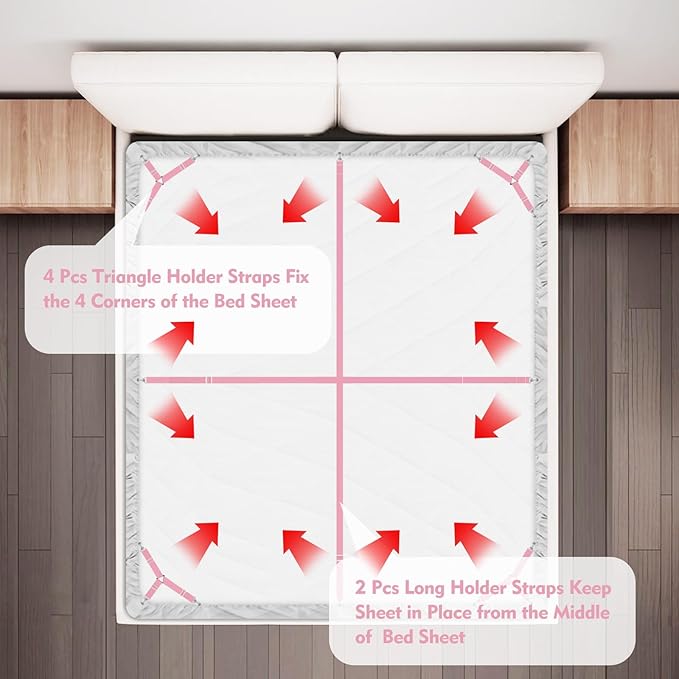 Bed Sheet Holder Straps, 4+2 Pcs Adjustable Mattress Sheet Clips, Bed Sheet Fasteners Elastic Sheet Suspenders to Keep Bed Sheet in Place for Different Beds (Pink)