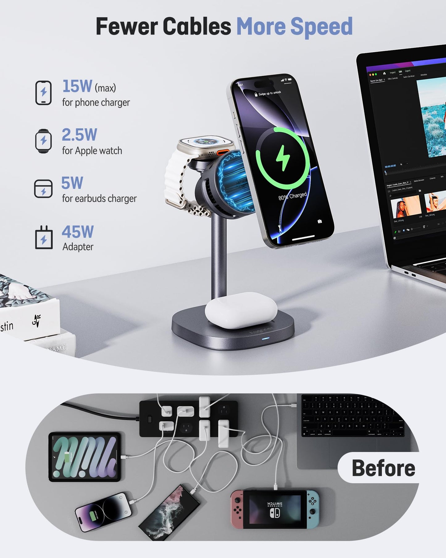 2025 New Magnetic Wireless Charger Stand With Active Cooling Fan, 15W Qi2-Certified 3 In 1 Charging Station For Apple Charger St