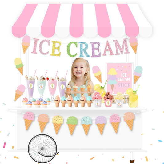 Ice Cream Party Stand Decor Kit, Summer Sundae Playstand Play Shop ICE CREAM Banner Waterproof Canopy Table Sign Cups Tag Stickers, DIY Ice Cream Themed Party Shop Cart, Girls Boys Role Play