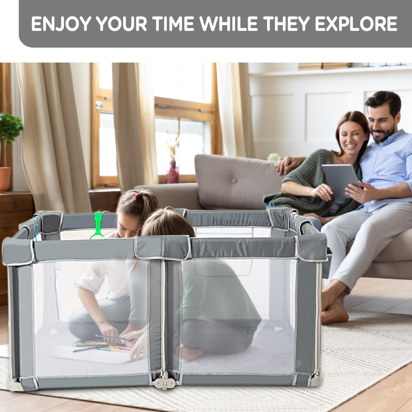 CAPAKIDS Foldable Baby Playpen 59"×71", Out-of-The-Box Ready Playpen for Babies and Toddlers, Portable Play Yard with Breathable Mesh & Gates, Storage Bag & 4 Handlers for Indoor & Outdoor