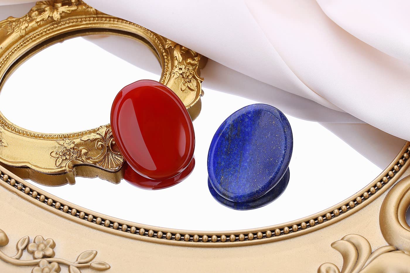 2PCS Worry Stone for Anxiety Red Carnelian Agate Lapis Lazuli Healing Crystals Hand Carved Thumb Stones Pocket Gemstones Meditation Oval Shaped Crystal Natural Reiki Relax Palm Stone Therapy Relief