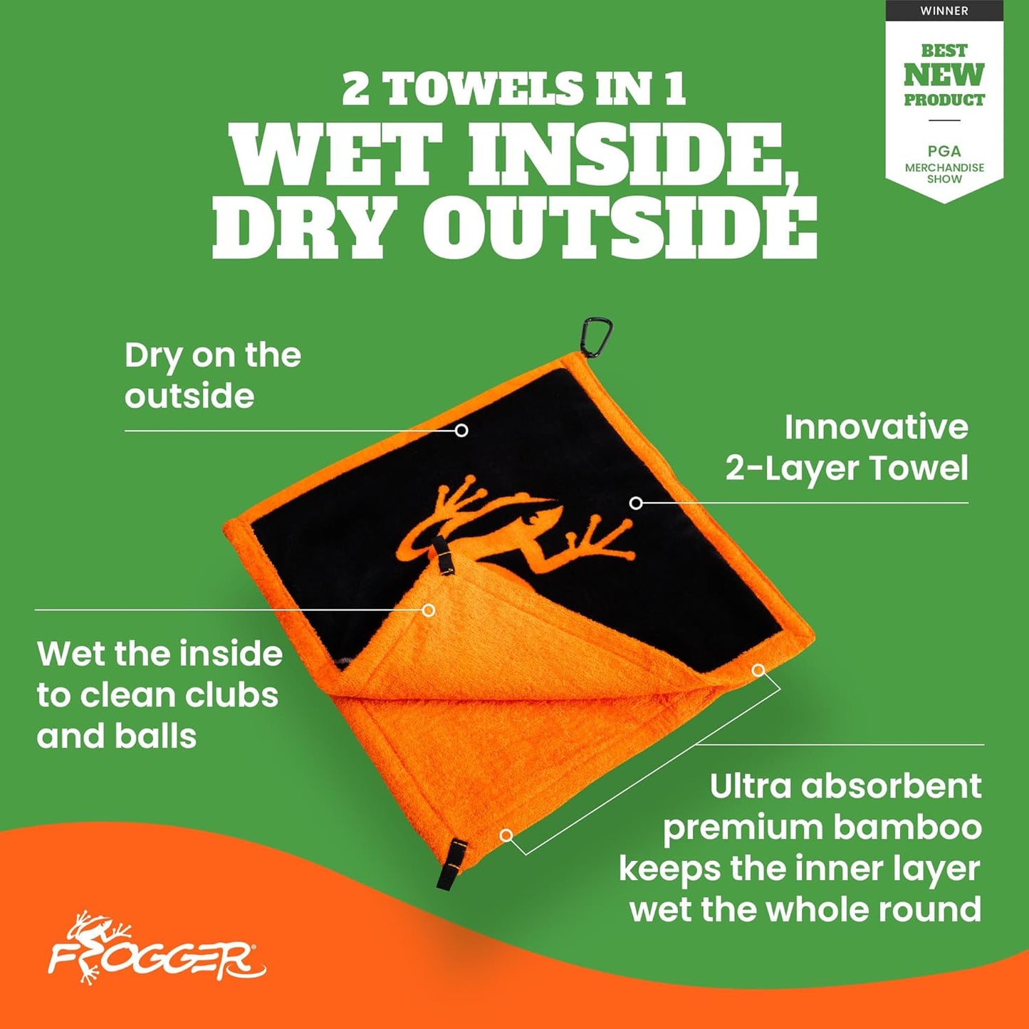 Frogger Amphibian 2-in-1 Golf Towel with Wet and Dry Technology, Orange/Black, Premium Golf Bag Accessory with Carabiner Clip, Ultra Absorbent, for Golf Dads
