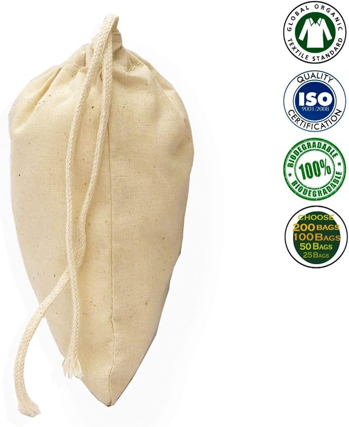3x5 Inches Natural Cotton Reusable Produce Muslin Bags – Multipurpose Drawstring Storage Pouch for Everyday Use (100)